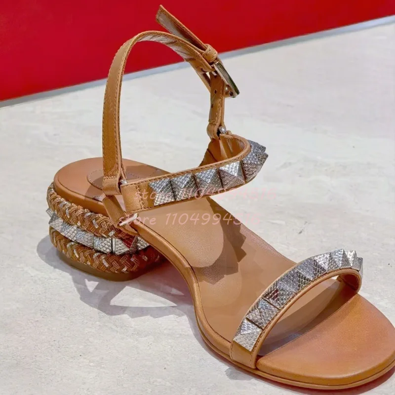 Brown Rivet Weave Chunky Heels Sandals Women Black Round Open Toe Buckle Strap Heels 2025 Sexy Fashion Party Summer Casual Shoes