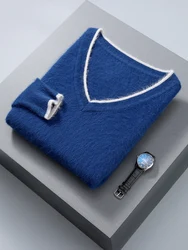 Jersey de Cachemira de visón con cuello en V para hombre, Jersey cálido de Color a juego, Tops informales inteligentes, otoño e invierno, 2024, novedad de 100%