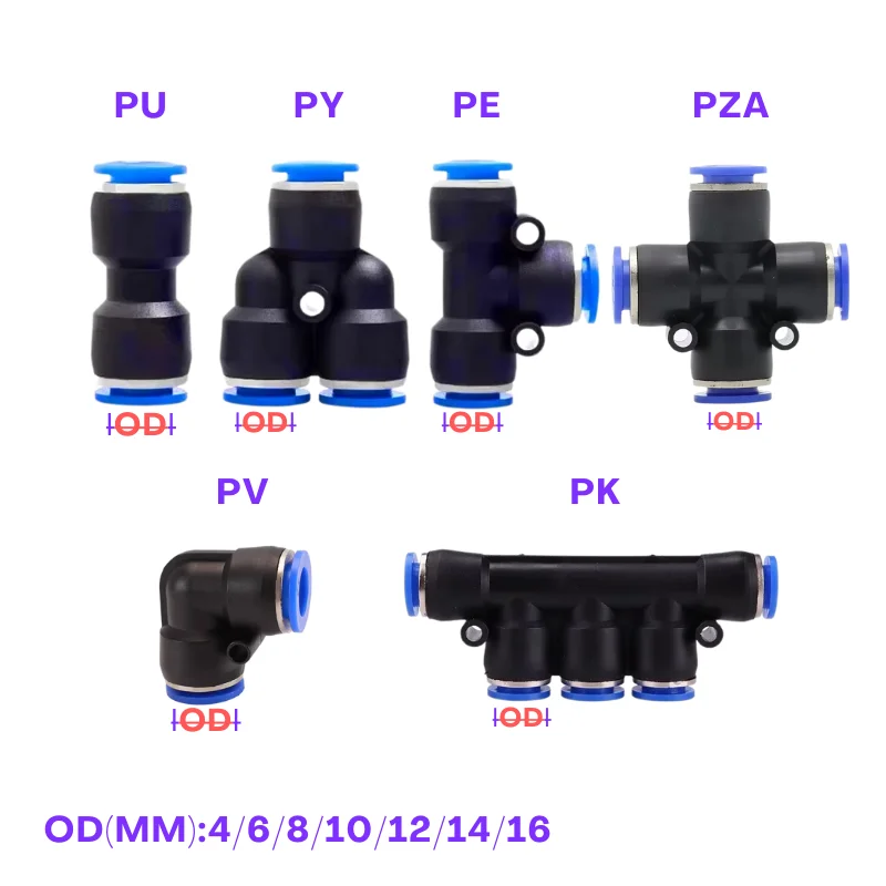 Straight Push Plastic Pneumatic Fitting Set, Compatible with 4/6/8/10/12mm Trachea, Suitable for PU Air Hose PU4/PU6/PU8/PU10/PU