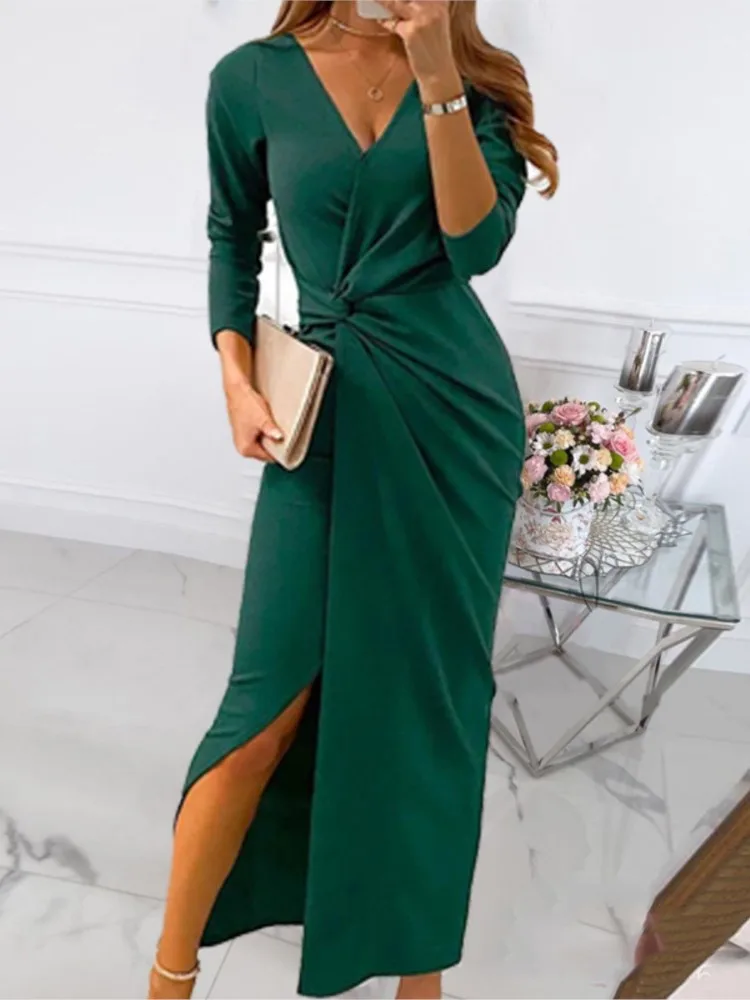 

Formal Dress Women Solid Red Deep V-Neck Long Sleeve Maxi Dress Slim Fit High Split Wrap Dress Sexy Party Dresses Vestidos