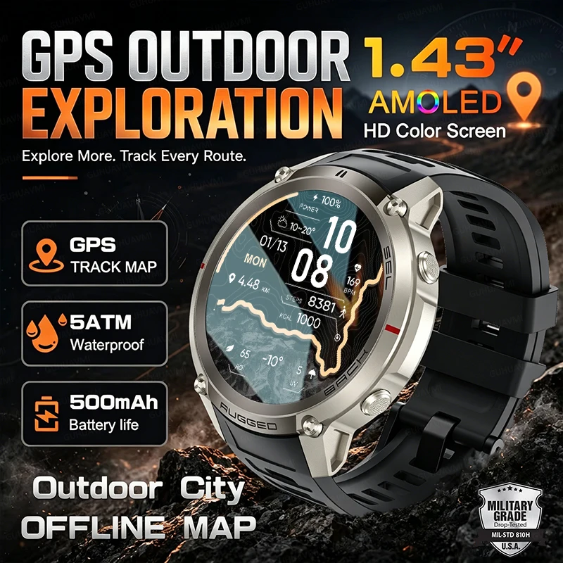 2026 NEW Military Tactics Smart Watch Built-in GPS Offline Map Compass Altimeter 5ATM Waterproof Swim Dive Sport HD Call Watch