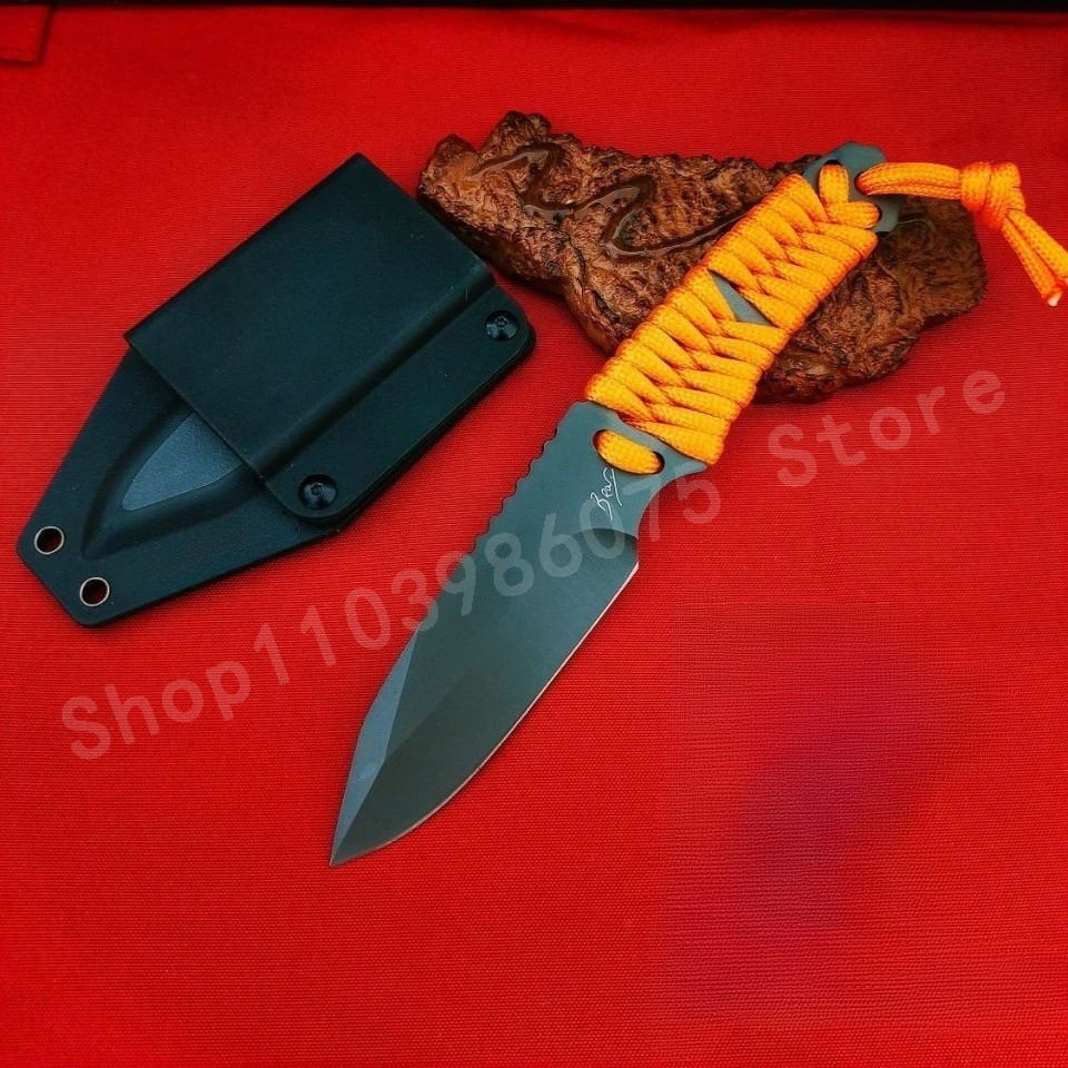 Outdoor Survival Knife - 8Cr13Mov Blade Orange Nylon Rope Handle Essential Equipment for Hiking and Camping Men's Gifts