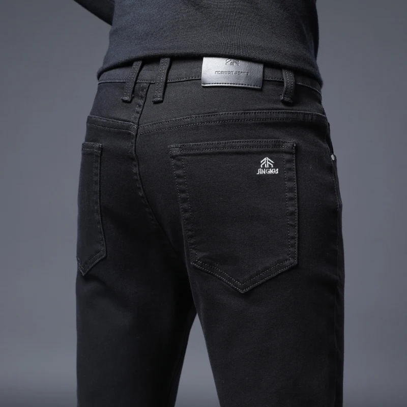 Pantalones vaqueros rectos ajustados para hombre, Pantalón de algodón elástico coreano, ropa clásica de marca para las cuatro estaciones, negro y