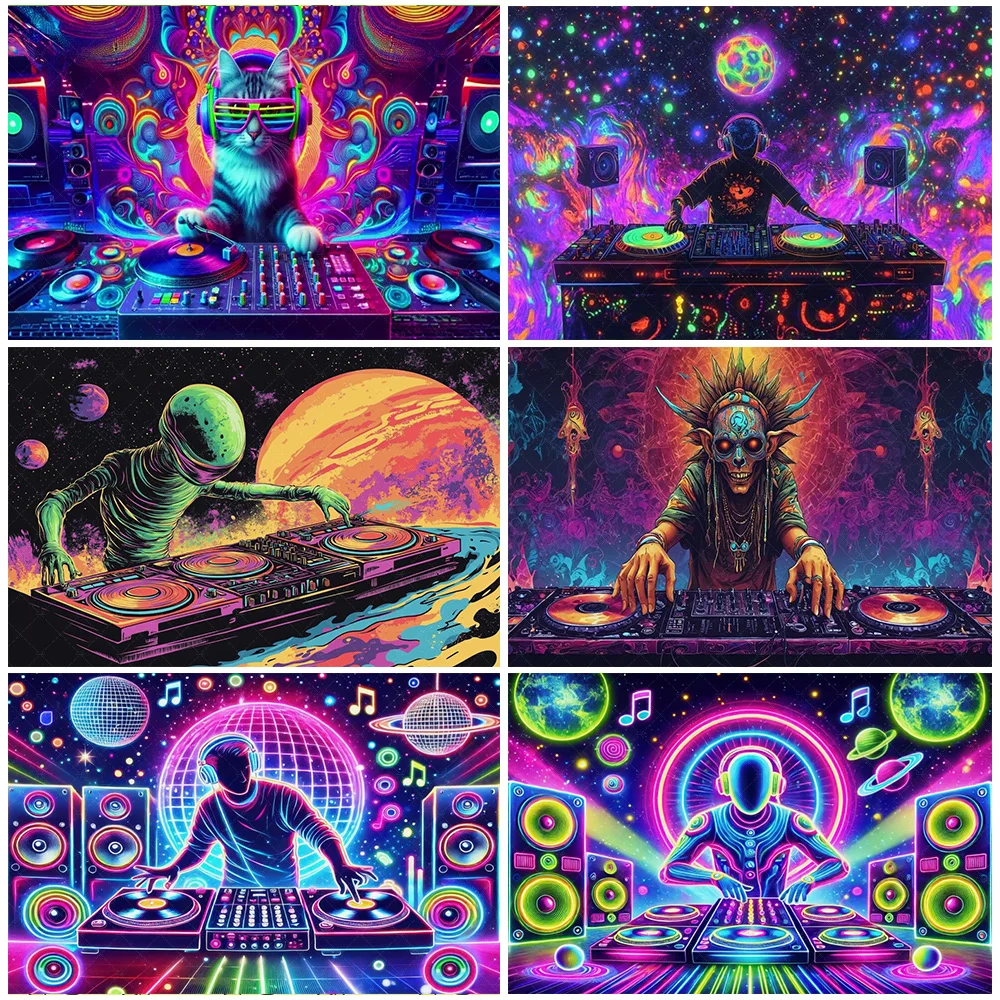 

Psychedelic Universe DJ Tapestry Hip hop skull Black light Neon Backdrop Music Party Decoration Room Decor Banner Party Supplies