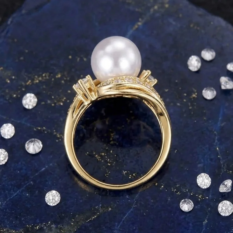 Huitan Graceful Imitation Pearl Ring for Engagement Bright Charming Finger Accessories for Women Exquisite Noble Wedding Jewelry