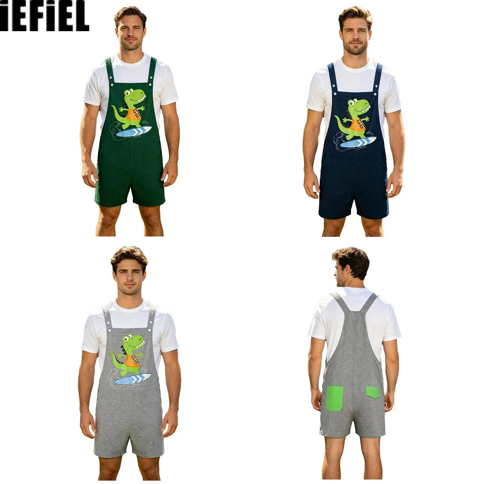 

Men Cartoon Dinosaur Printed Rompers Overalls Pajamas Sleepwear Back Color Blocking Pockets Adjustable Straps Bib Shorts Rompers