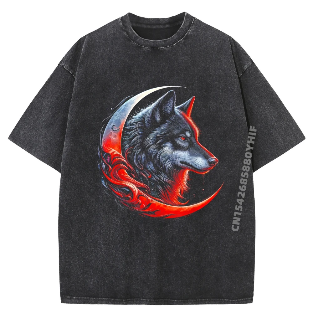 

Винтажная футболка с принтом, рубашки с рисунком забавного волка и луны, мужские молодежные мужские футболки, уличная стираная одежда