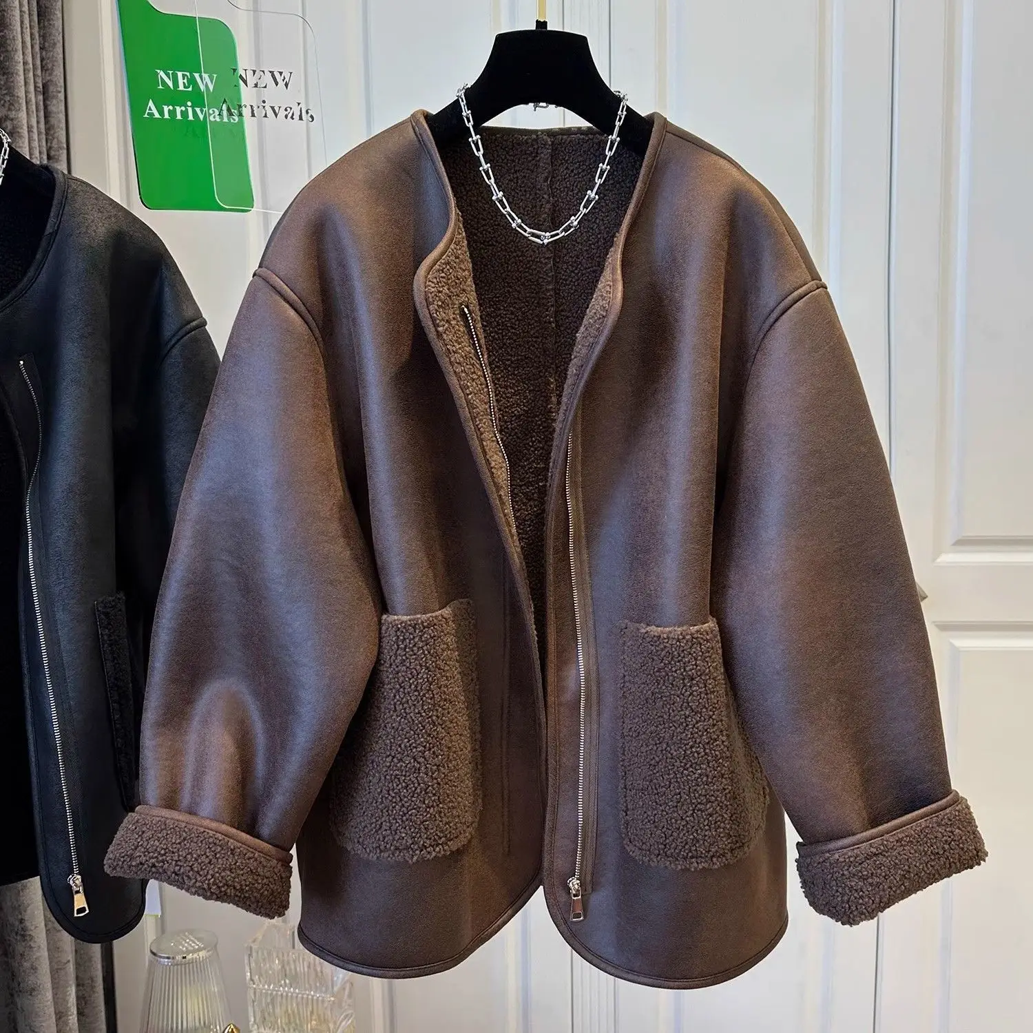 Plus Size Stunning Zipper Leather And Fur Spliced round Neck Jacket Women's Summer New Warm Casual O