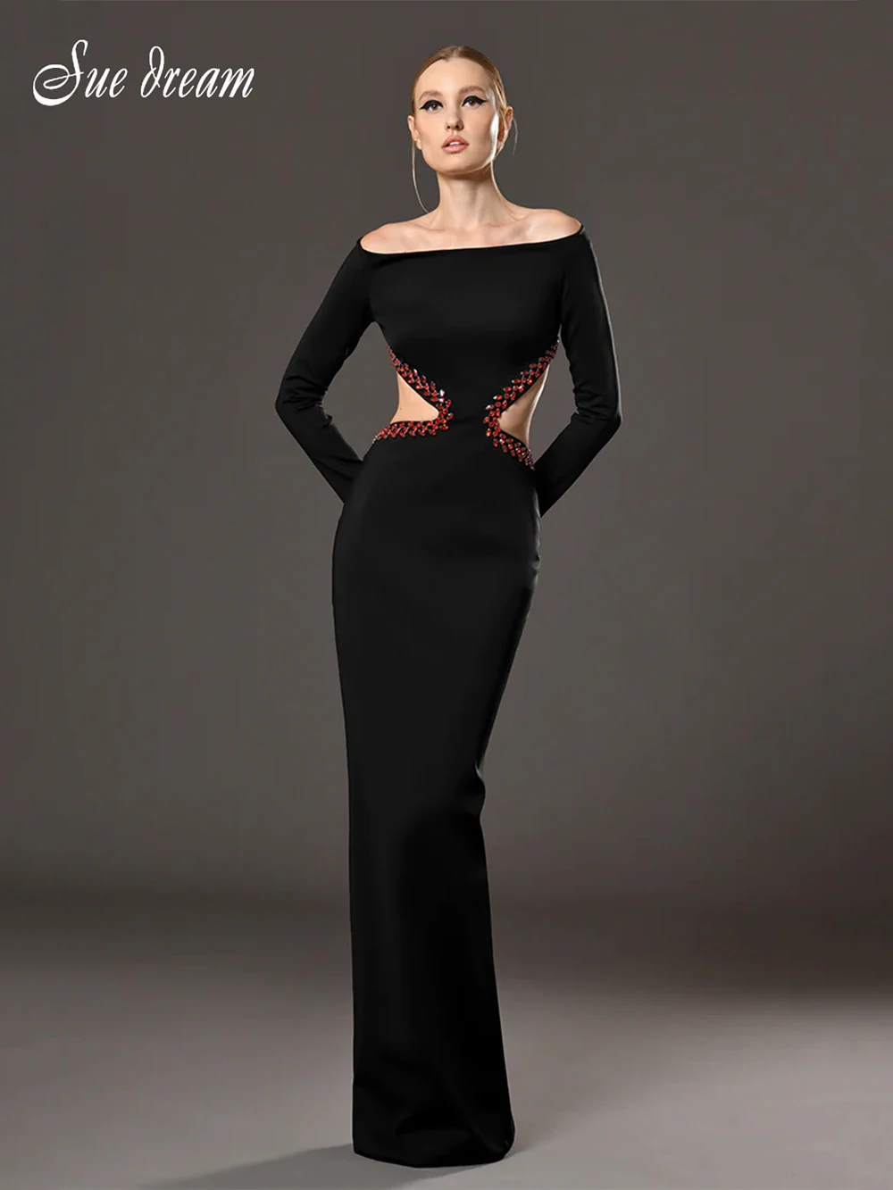 

2023 Autumn New Women's Sexy Off Shoulder Long Sleeve Diamond Hollow Out Backless Long Dress Bodycon Celebrity Evening Dress
