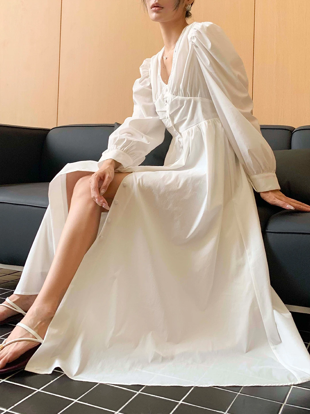 

ZOCHEEO Gentle Wind High Waist White Long Dr Ele Simple Holiday Long Sve Women's Dr Cotton Blend Comfortable Spr...