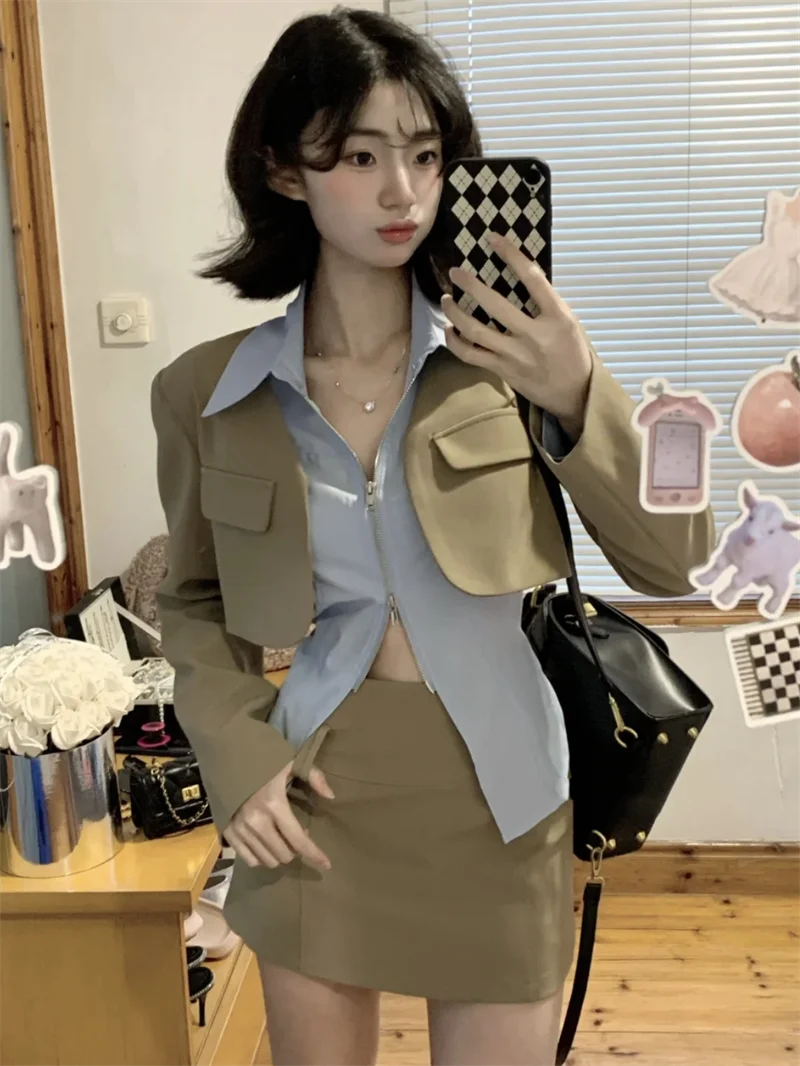 Autumn Elegant Retro New 3 Piece Set Women Pretty Solid Vintage Mini Skirt Suit Female Korean Fashion Slim Chic Sweet Suit 2024