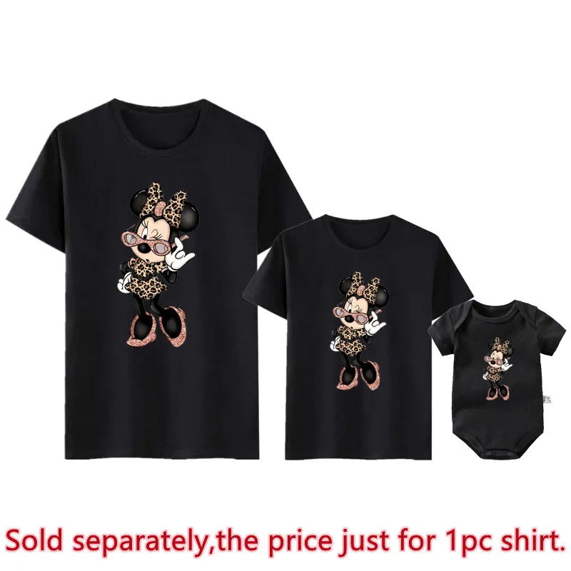 New Leopard Minnie Mouse Family Shirts Cotton Matching Mother and Daughter Tshirt Baby Rompers Kawaii Family Look Disney Clothes