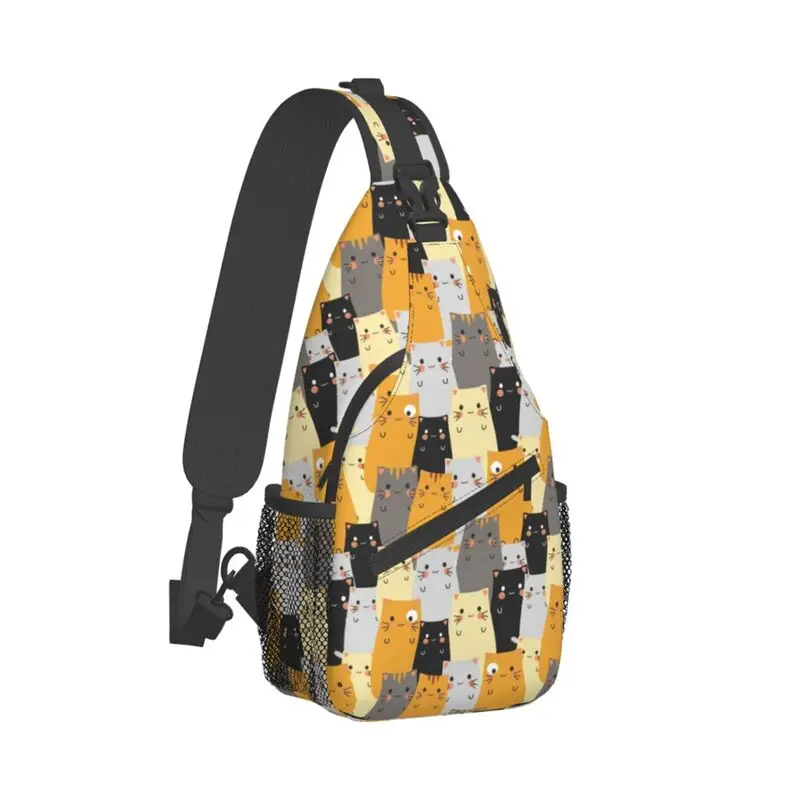 Mochila de hombro con estampado de dibujos animados de gatos para hombre, bandolera de pecho con tirantes, informal, divertida, para senderismo