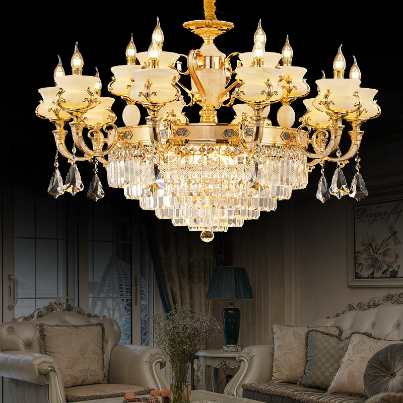 French Neoclassical Hotel Lobby Staircase Large Luminaires Luxury Villa Living Room Brass Jade Crystal Pendant Light