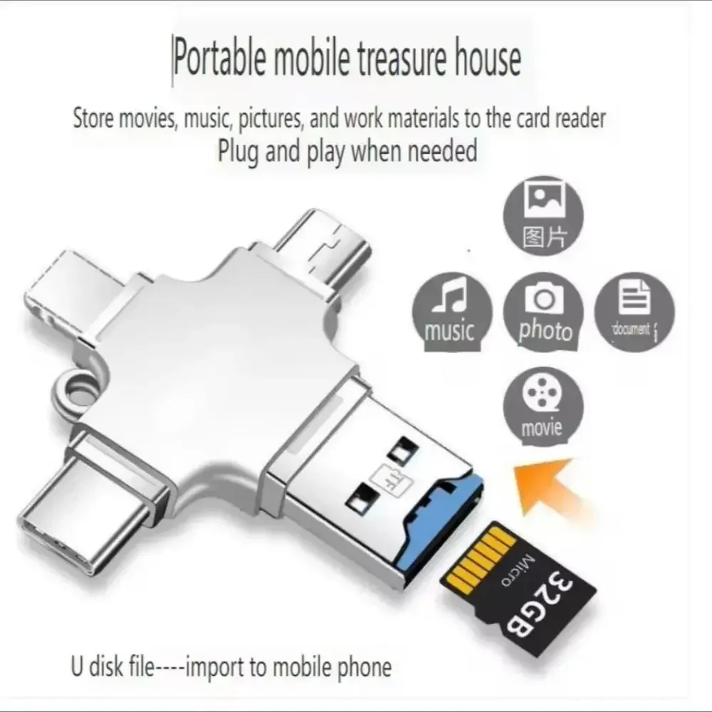 

4 In 1 Memory Micro SD Card Reader For IPhone Ipad Android Mac PC Camera Type C Lighting Usb C Android Reader Portable Reader