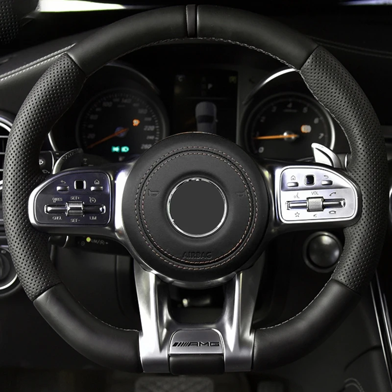 Car Steering Wheel Cover For Mercedes-Benz AMG C43 E53 S63 GLE G63 Hand-sewing Black Genuine Leather Car Accessories