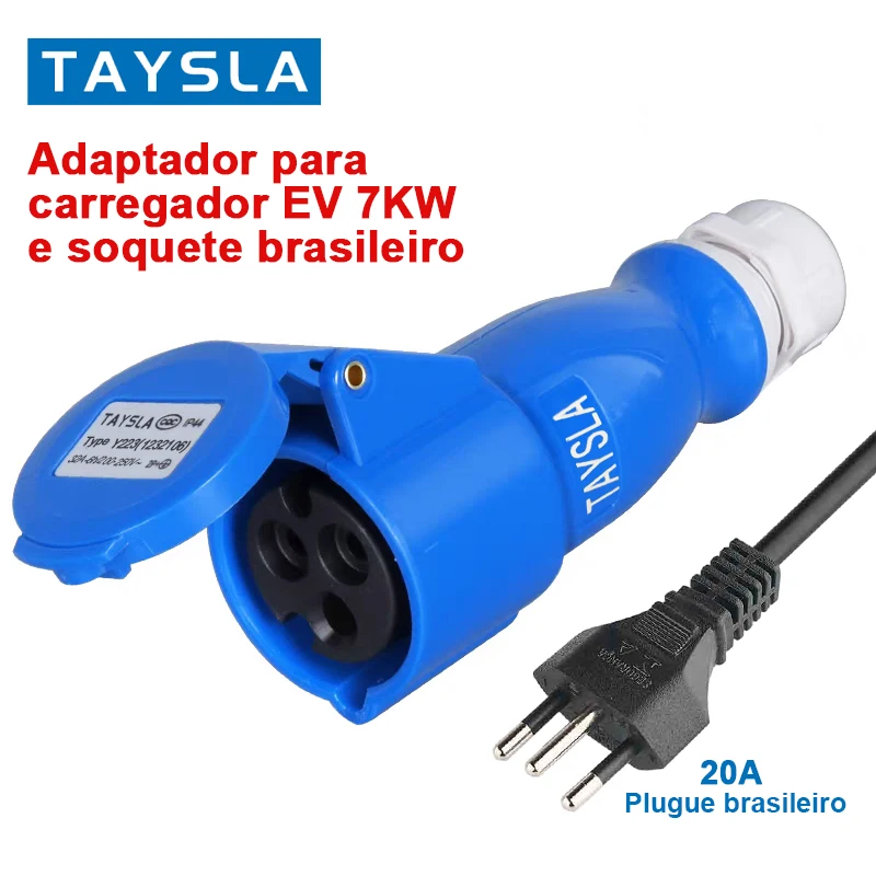 Adaptador de plugue fêmea, soquete brasileiro de 3 pinos, conector para 7KW EV Charger, 32A a 10A, 20A, 7KW a 3.5KW