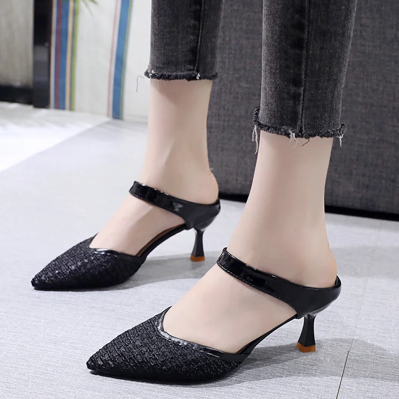 High Heels Baotou Middle Heel Breathable Mesh Sandals 2022 Fashion Versatile Pointed Toe Slippers Vacation Women's Casual Shoes