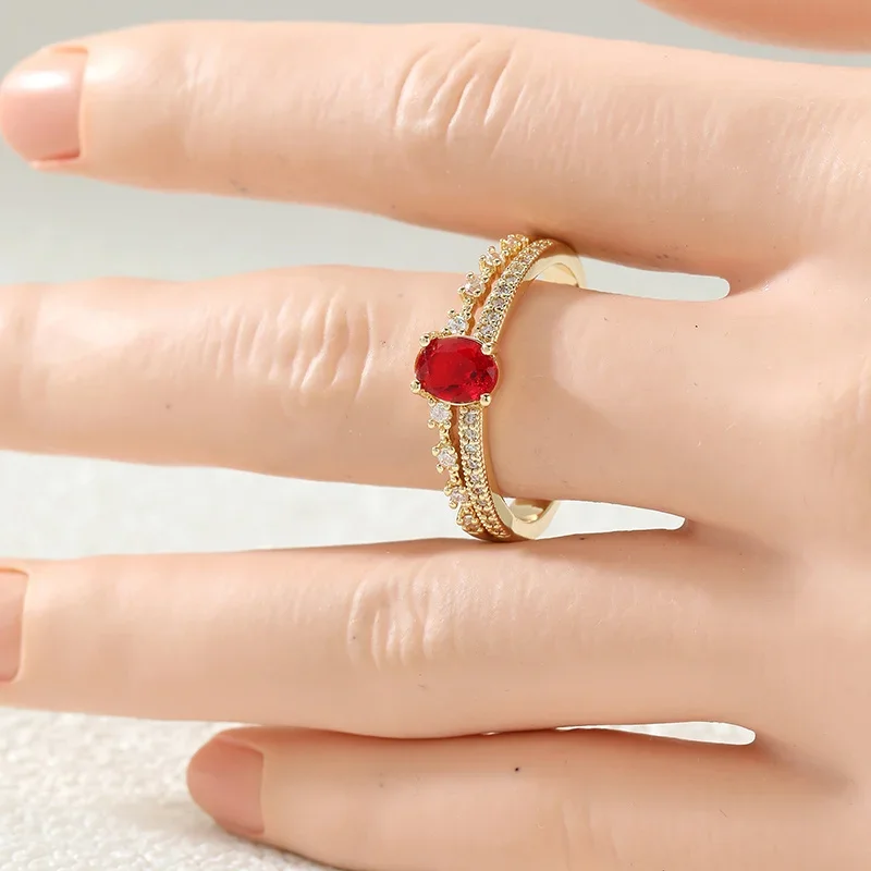 Women's Oval Red Synthetic Zircon Fine Ring Hollowed Out Design Double Row Ring Minimalist Elegant Banquet Jewelry