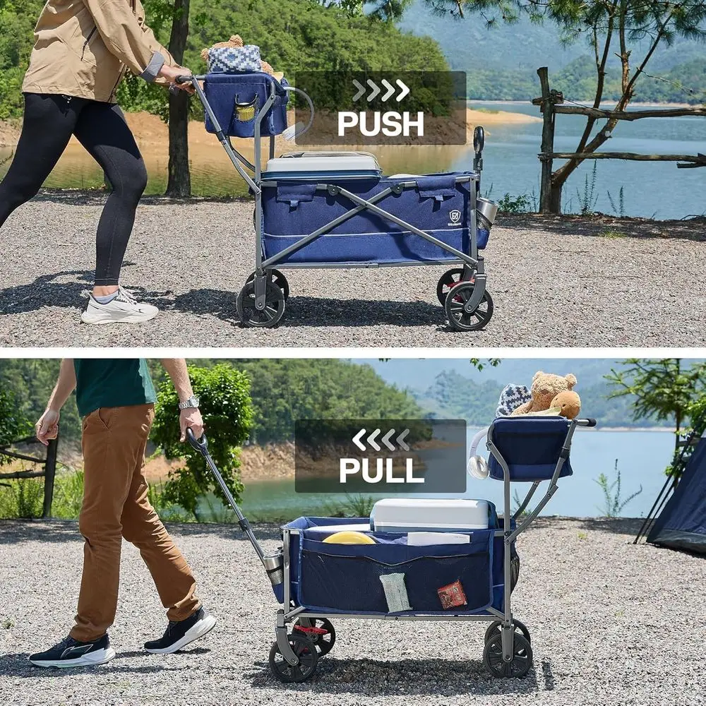 Folding Utility Cart with Wheels, Brakes, and Storage for Groceries, Beach, and Camping, Blue