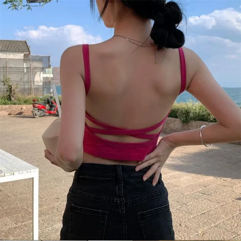 Moda lato seksowna pończocha Camisole bielizna krzyż Backless zakrętka tubki biustonosz czarny biały Fushcia odzież sportowa wąski krótki podkoszulek