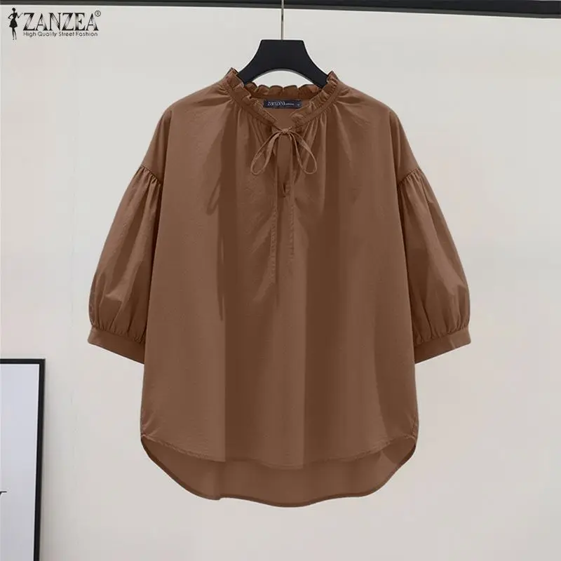 

Женские минималистичные повседневные блузки с V-образным вырезом и рукавами-фонариками 3/4, однотонные туники ZANZEA, летняя одежда для повседневной носки, Blusas de Mujer