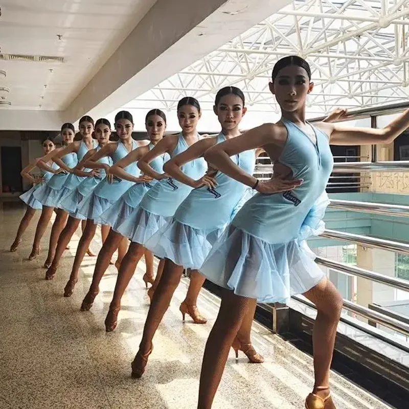 

Summer Latin Dance Training Dress Grils Blue Halterneck Sleeveless Petal Halterback Women Team Competition Performance Costumes