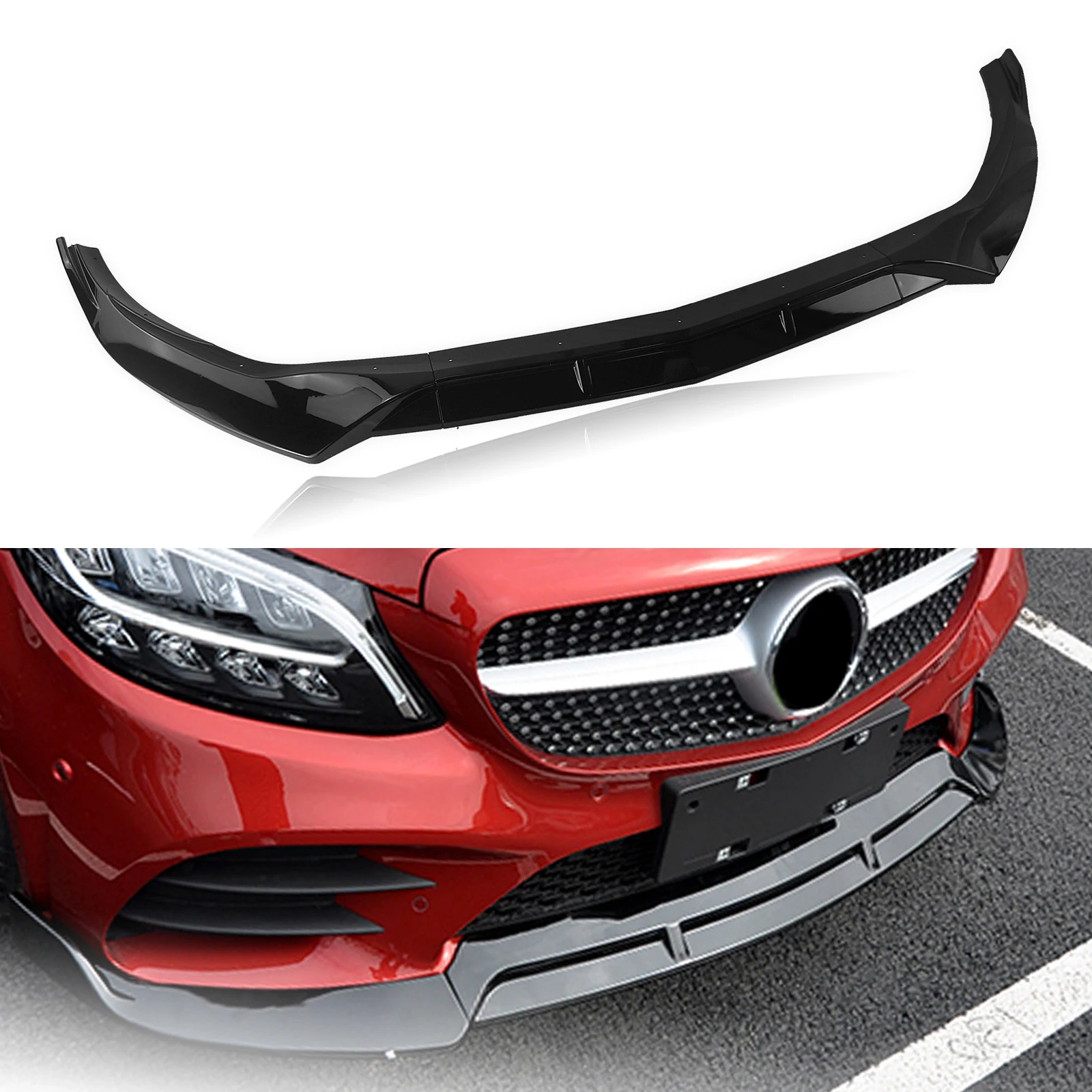 Front Bumper Spoiler Lip For Mercedes Benz W205 C-Class 2019-2021 C400 C300 C200 Sport AMG Line Gloss Black Protector Splitter