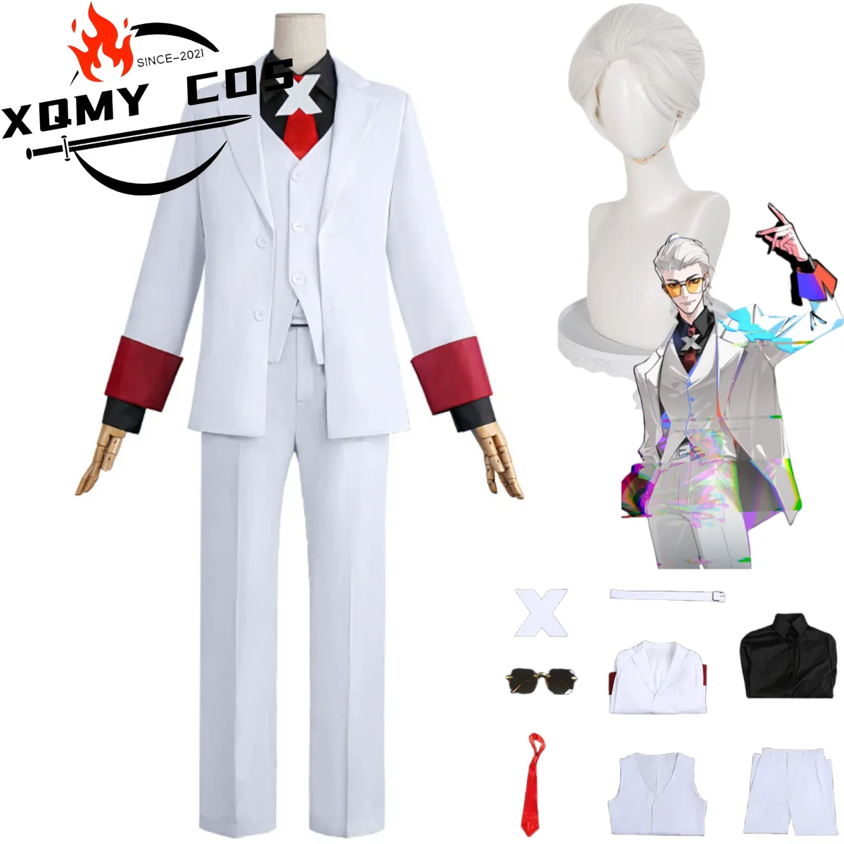 Xq2025 novo anime para ser herói x cosplay traje peruca terno branco casaco uniforme camisa colete conjunto completo homem adulto carnaval conjunto de halloween
