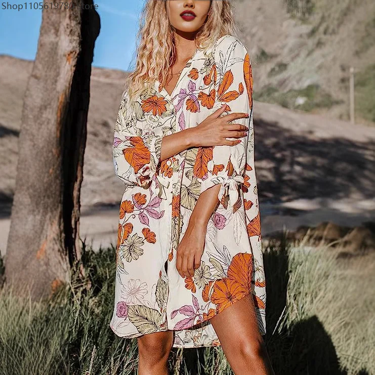 Kimono Women Floral Buttoned Bikini Shirt Cover Up for Woman Loose Holiday Chiffon Beach Tunic Dress Summer Midi Dress Beachwear