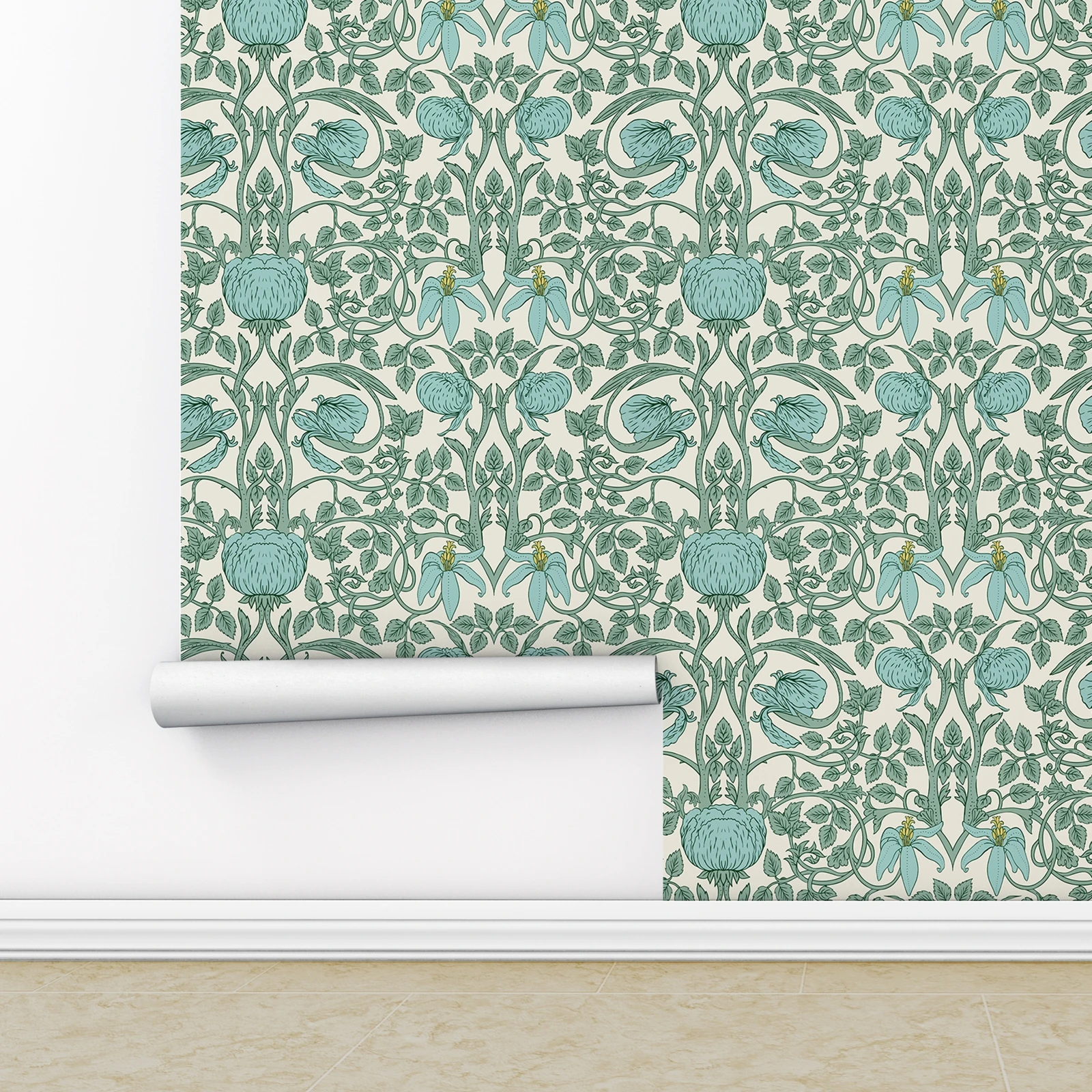 エレガントな花柄の壁の壁紙、スタイリッシュなボタニカル - ロール状の壁用壁紙、ヴィンテージの剥がして貼れる壁紙、PVCフリー
