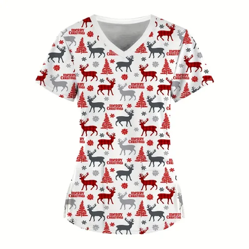 Imagen 2 del producto Uniforme de enfermera de Navidad para mujer, estampado de muñeco de nieve, microelástico, Tops de enfermera Dental, cuello en V, mangas cortas, uniformes médicos para mujer