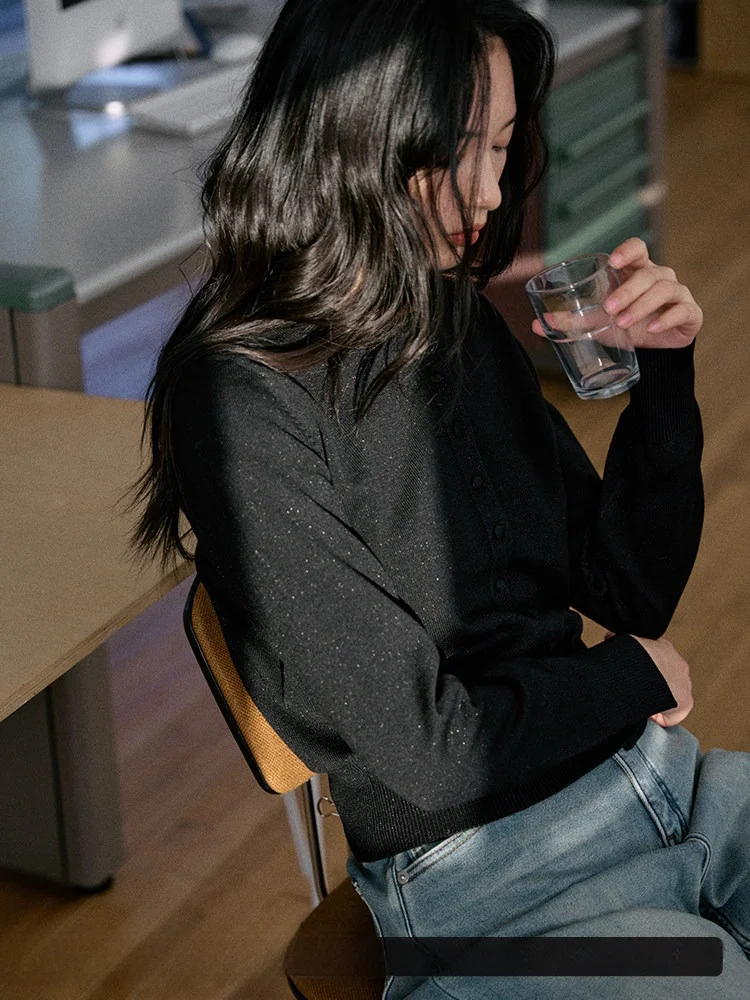 

Женский кардиган Jicouture из металлической проволочной вязки с длинными рукавами и круглым вырезом, на одной пуговице, универсальный, стройнящий, для осени и зимы