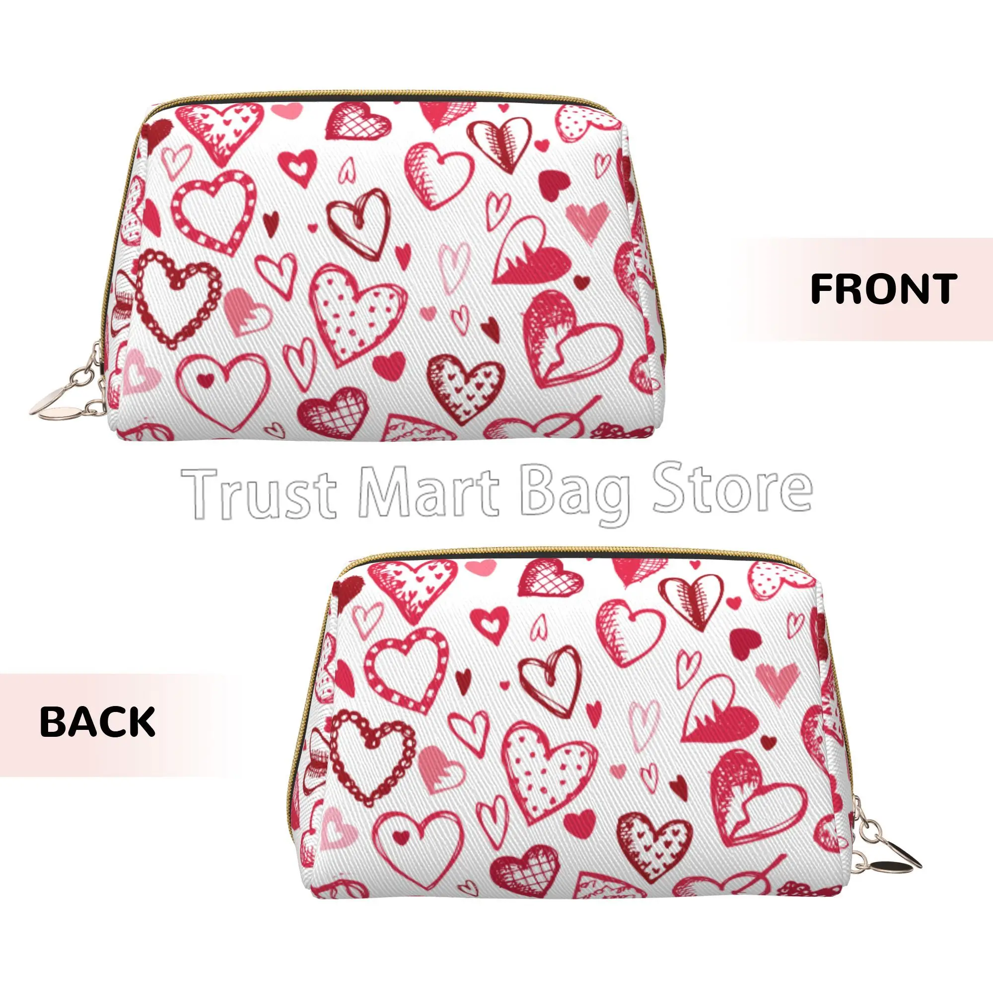 Red Pink Love Heart Makeup Bag Leather Women Travel Toiletry Pouch Cosmetic Bags Portable Storage Bag for Girl Friend Wife Gifts