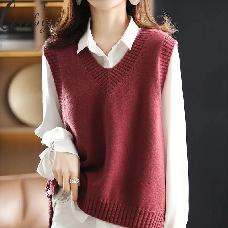 

Vest Knitted Women Solid V-Neck Sweater Waistcoat Vintage Buttons Patchwork Knitwear Pullover Casual Sleeveless Tops Plus Size