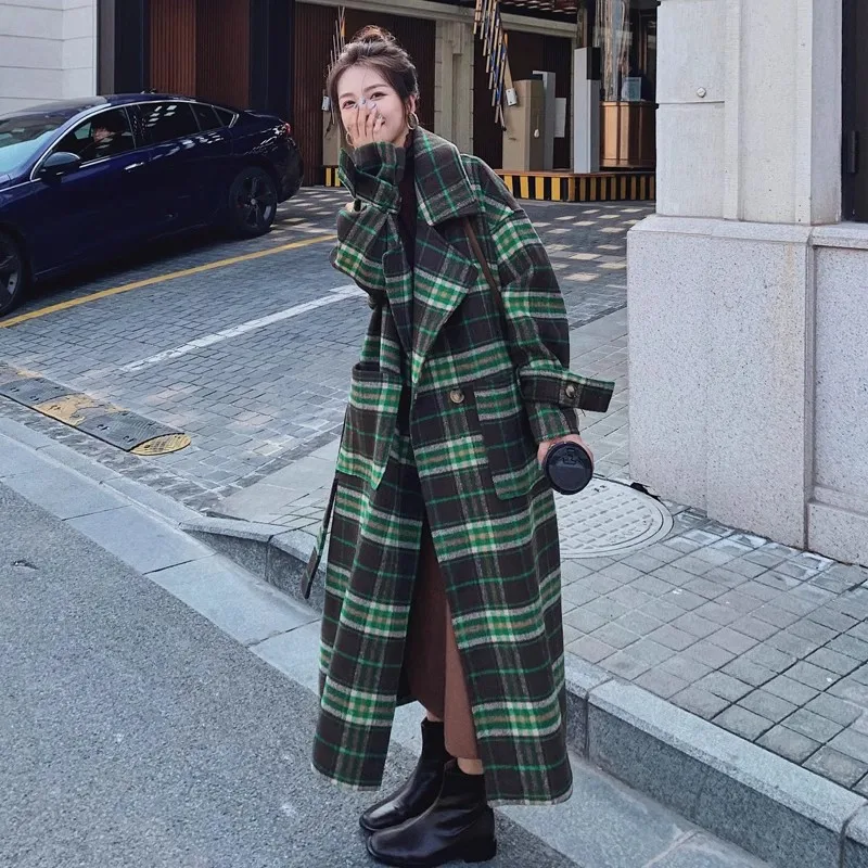 Green Plaid Woolen Coat For Women 2024 Winter New Lady Thicken Temperament Woolen Coats Fashion Korean Belt Female Long Overcoat