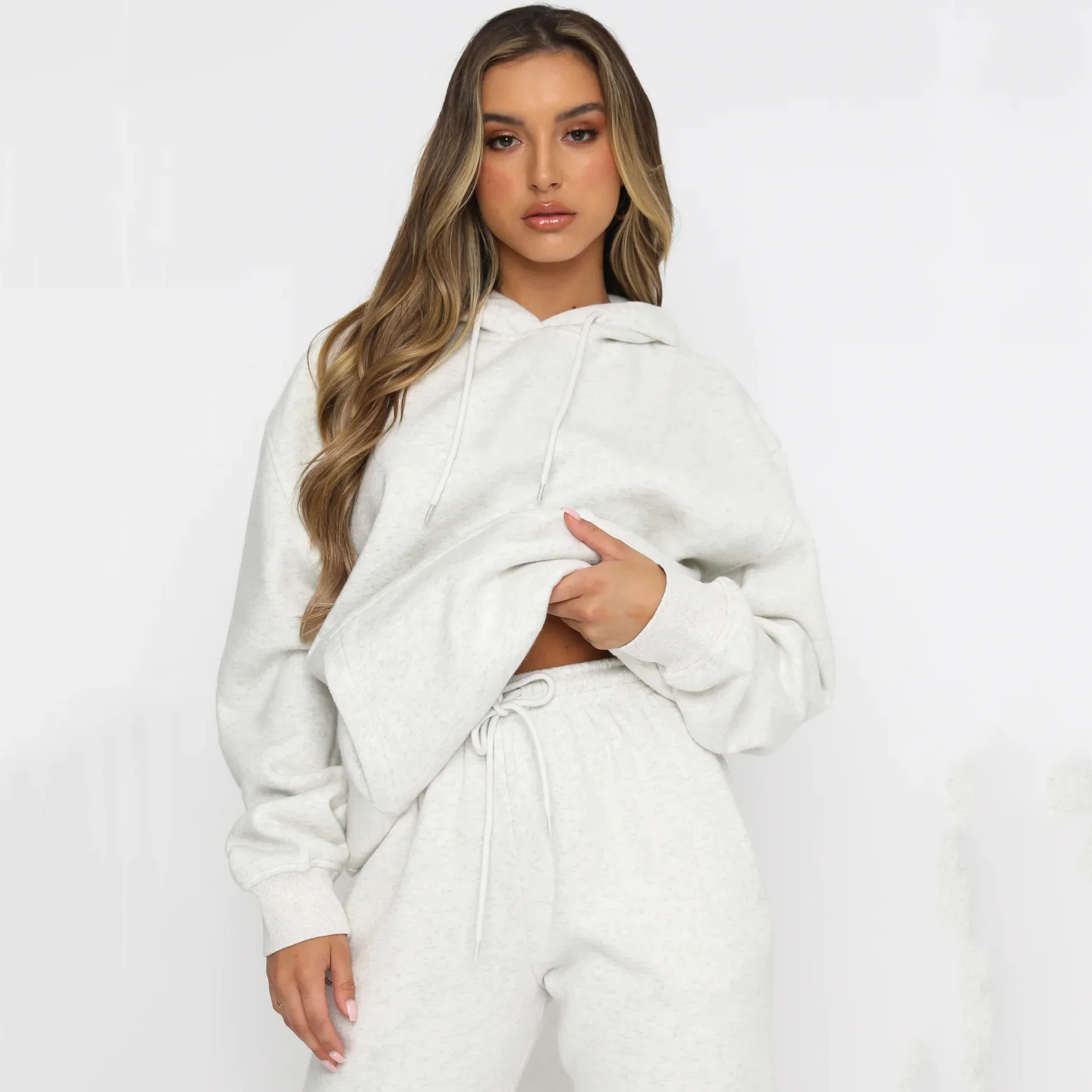 

Women Two Piece Sets Tracksuit outfit Hooded Sweatshirts Pocket Drawstring Long Pants Suit Thick Casual Office Lady Autumn