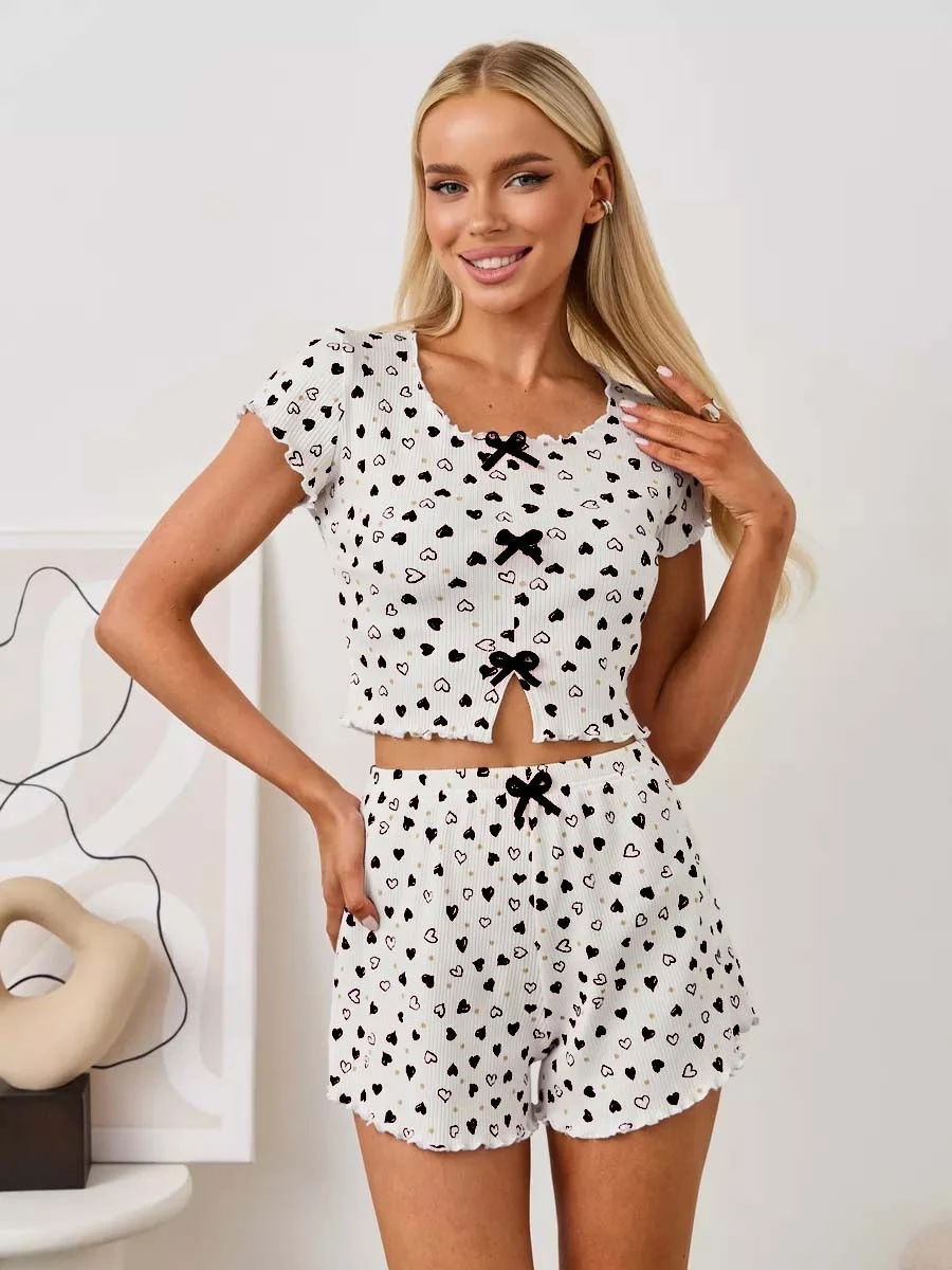 Women Heart Print Pajama Set Sweet Bow Lettuce Trim Crop Short Sleeve Top Shorts 2 Piece Casual Loungewear Sleepwear Home Pjs 6
