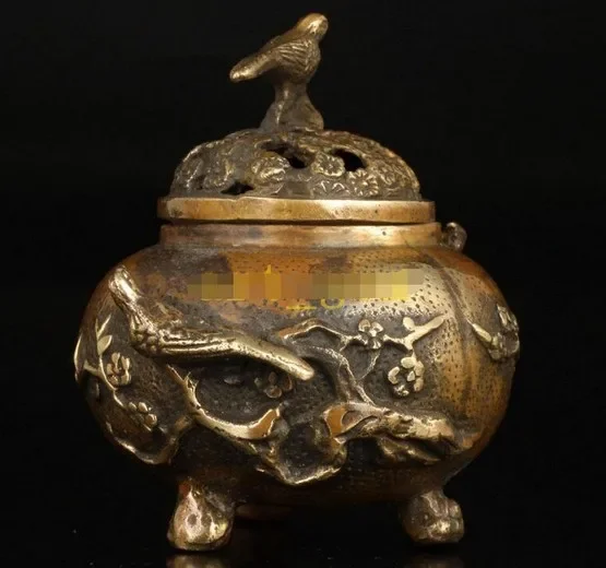 China Vintage Collectible Old Hand Plum Blossom Magpie Decorative Brass Censer