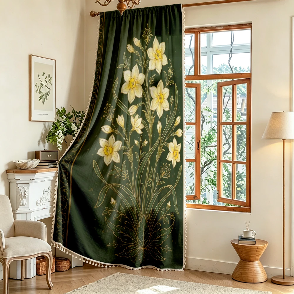1PC Vintage Tassel Sheer Curtains, Green Yellow Daffodil, Digital Print, Polyester, Bedroom Living Room, Rod Pocket, Home Decor