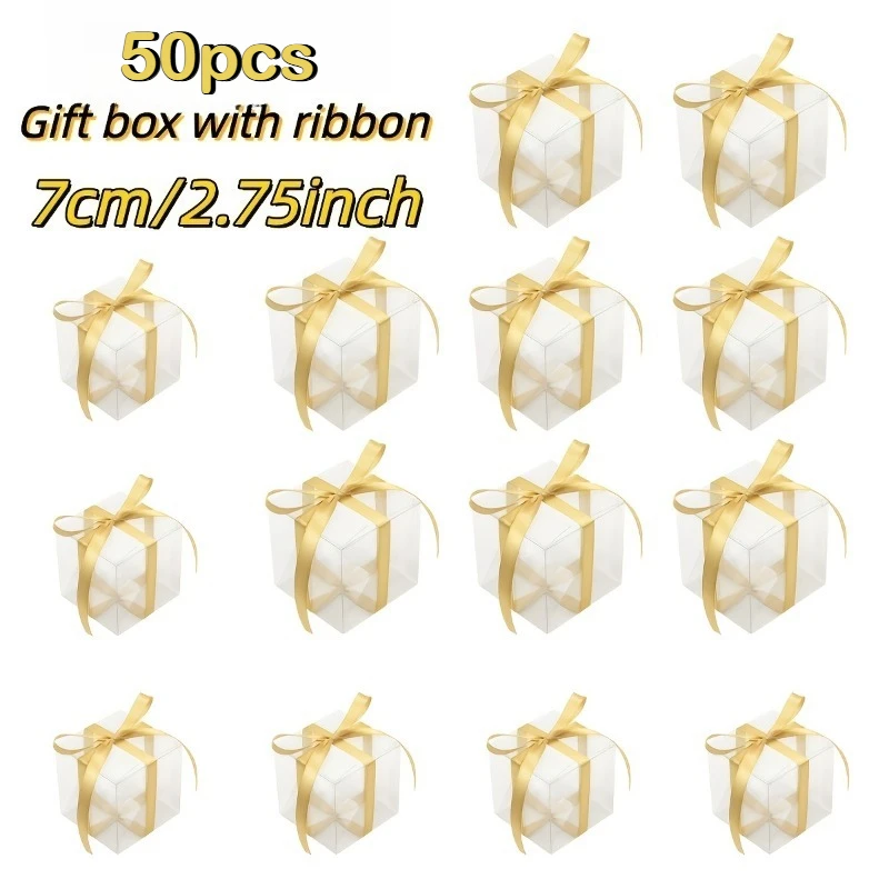 

50pcs PVC Transparent Candy Gift Boxes 7cm Square Clear Plastic Box Wedding Favors with Ribbons Party Gift Packaging Boxes Decor