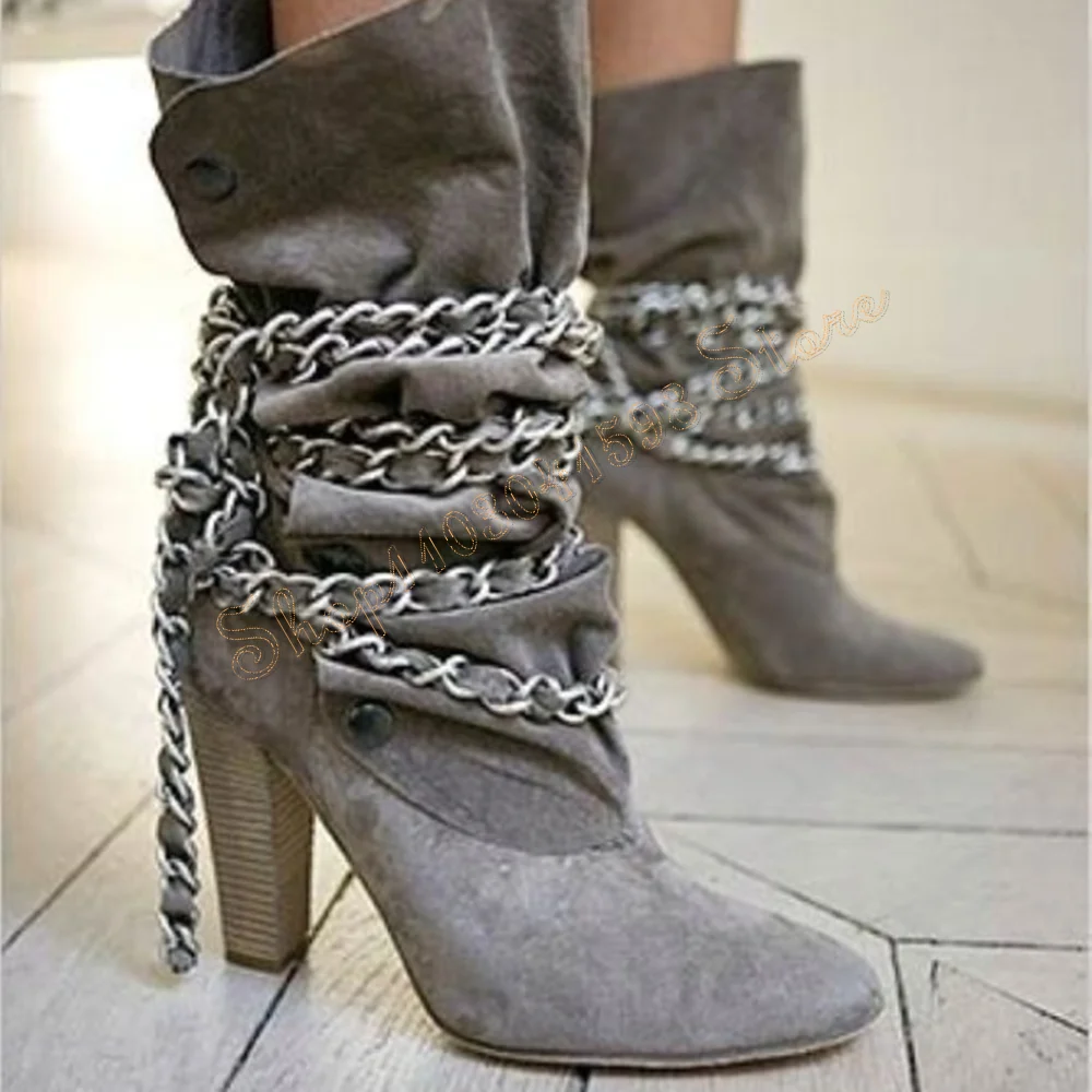 Grey Pleated Chain Decor Slip on Boots Suede Buckle Decor Mid Calf High Heel Shoes for Women Heels 2024 New Zapatos Para Mujere