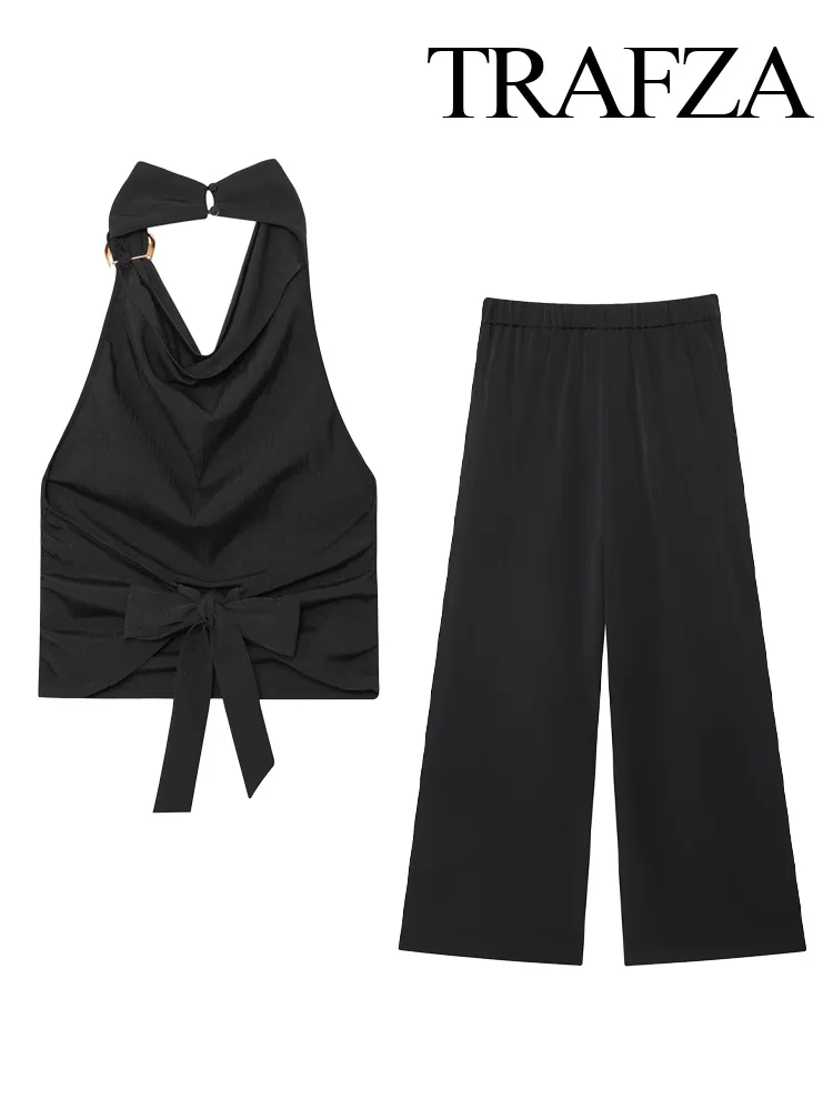 

TRAFZA Women Summer Fashion Pockets 2-Piece Set Bow Hanging Neck Collar Sleeveless Backless Solid Top+Cross Waist Wide-leg Pant