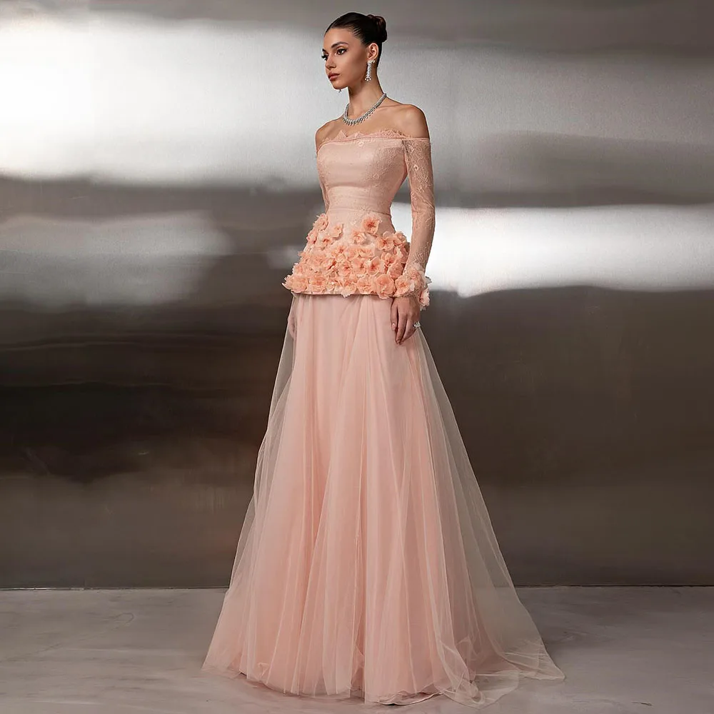 

Modern Evening Dress 2 Pieces Off the Shoulder 3D Flowers A Line Luxurious Evening Gowns for Women Lace Long Sleeves Prom Dress