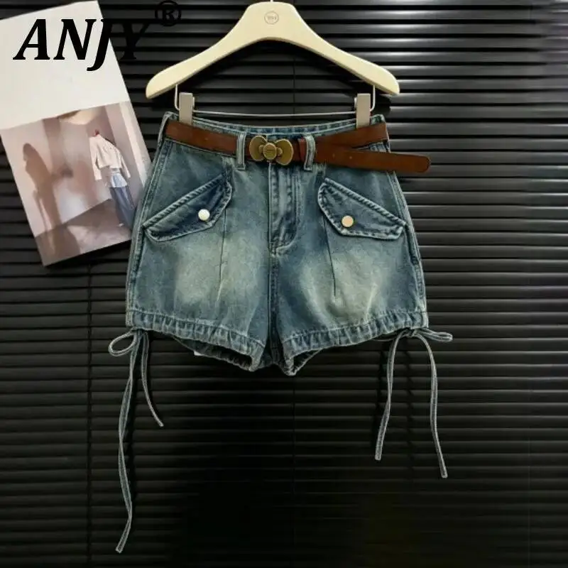

ANJY Summer New Women American Style High Street Washed Drawstring Lace-Up Denim Shorts Trend Fashion Casual Without Belt A23100