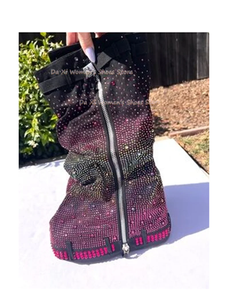 Women Ombre Gradient Full Rhinestone Slouchy Knee High Boots Round Toe Platform Side Zipper Glitter Crystal Boots Y2K Festival