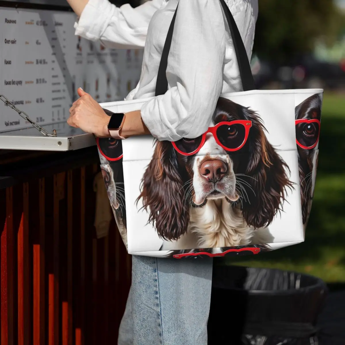

English Springer Spaniel Dog Wearing A Heart Shape Sunglasses Beach Tote Bag Sport Yoga Duffle Large Tote Bag Women Travel Bag