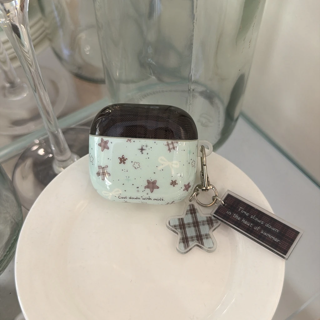Ins Exquisite Brown Grid Mint Green Stars White Bow Glossy Surface Earphone Protect Cover Case for AirPods 1 2 3 4 5 Pro2 Pro3