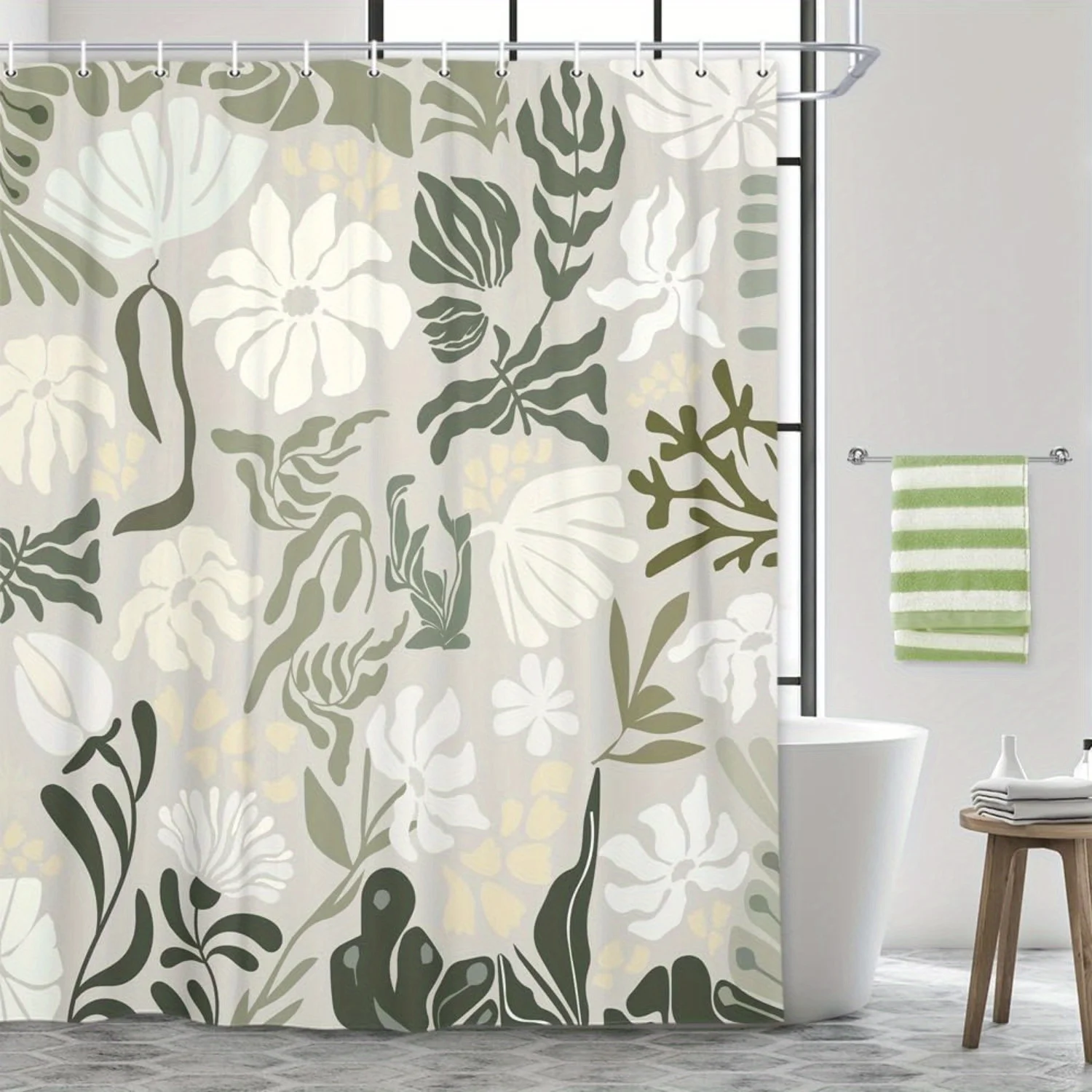 

Boho Floral Botanical Shower Curtain - Mid Century Green Flowers & Leaves, Spring Summer Retro Aesthetic, All-Season Bath Decor