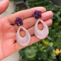 CWWZircons Trendy Micro Pave Red Pink Cubic Zirconia Long Big Rose Flower Drop Wedding Earrings for Women Party Jewelry E0416